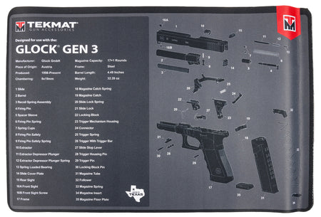 TekMat Glock Gen 3 Parts Diagram Cleaning Mat Black and White Rubber 11"x17"