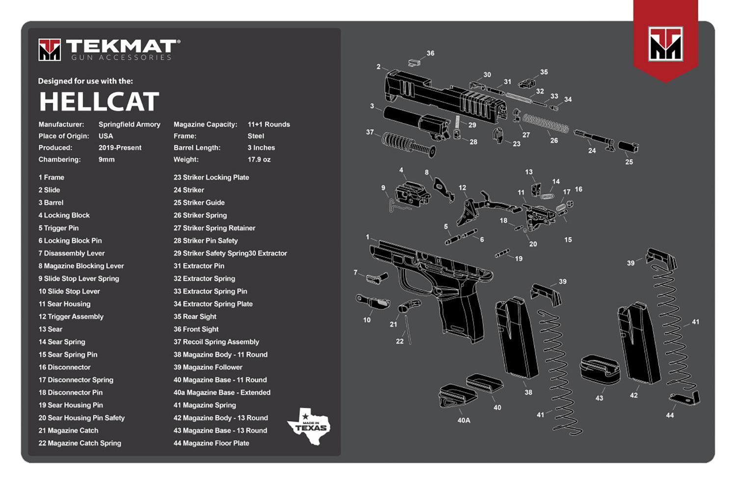 TekMat Springfield Hellcat Parts Diagram Cleaning Mat Gray and White Rubber 11"x17"