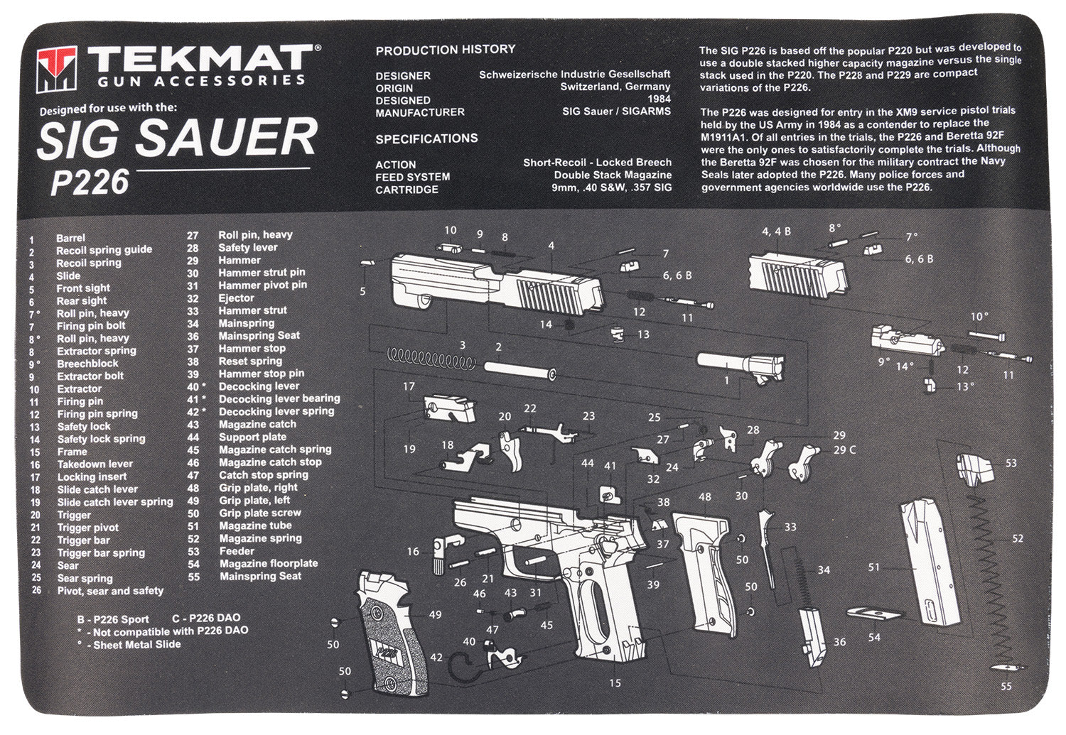 TekMat Sig Sauer P226 Parts Diagram Cleaning Mat Gray and White Rubber 11"x17"