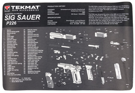 TekMat Sig Sauer P226 Parts Diagram Cleaning Mat Gray and White Rubber 11"x17"