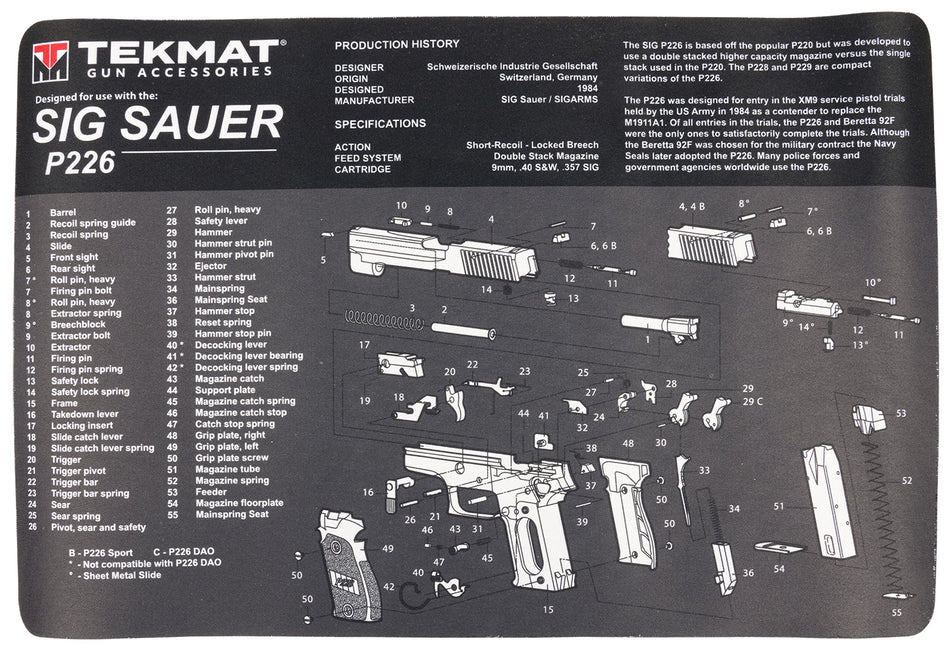 TekMat Sig Sauer P226 Parts Diagram Cleaning Mat Gray and White Rubber 11"x17"