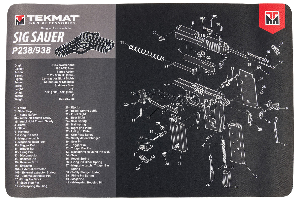TekMat Sig Sauer P238 Parts Diagram Cleaning Mat Black and Gray Rubber 11"x17"