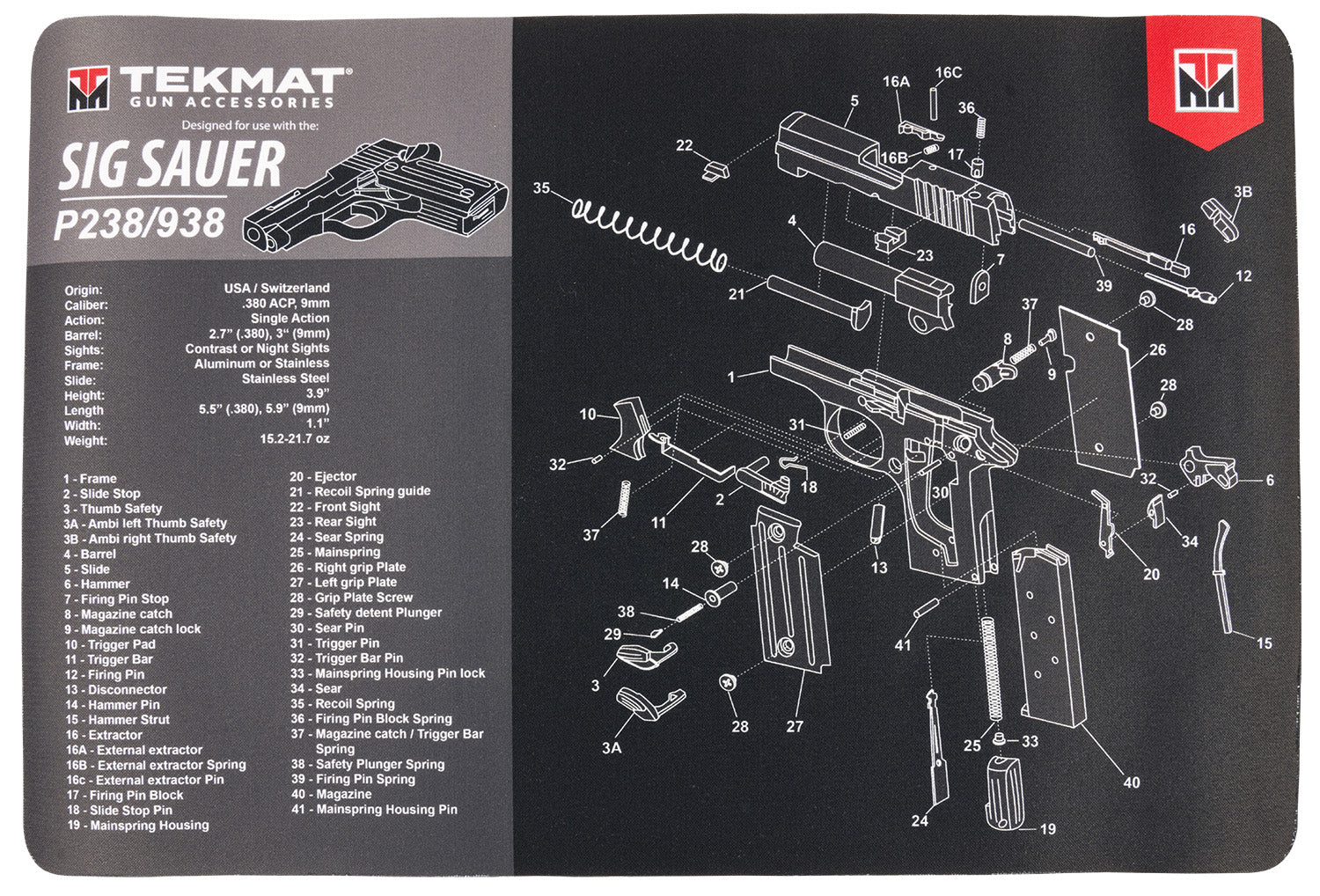 TekMat Sig Sauer P238 Parts Diagram Cleaning Mat Black and Gray Rubber 11"x17"