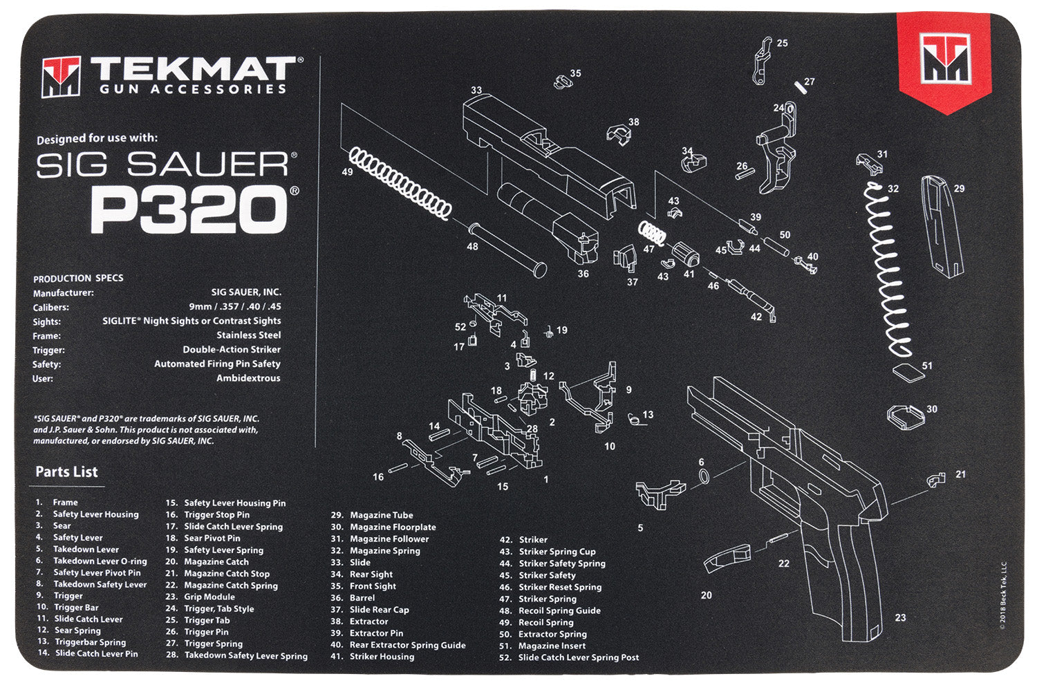 TekMat Sig Sauer P320 Parts Diagram Cleaning Mat Black and White Rubber 11"x17"