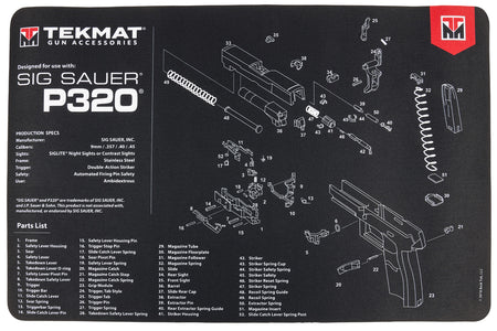 TekMat Sig Sauer P320 Parts Diagram Cleaning Mat Black and White Rubber 11"x17"