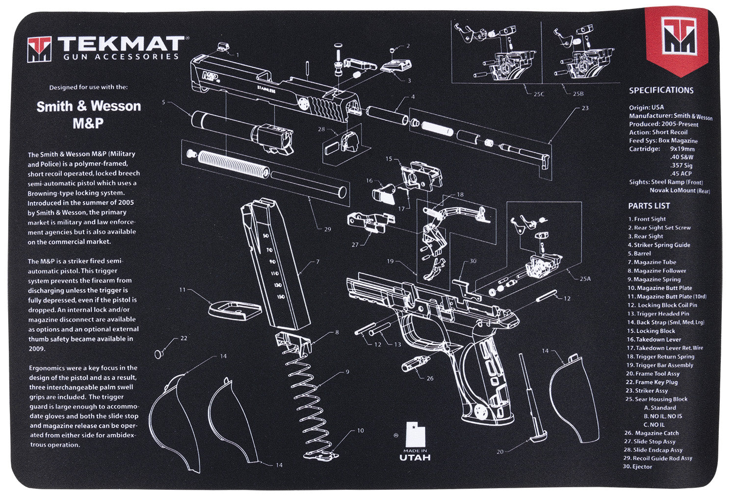 TekMat S&W M&P Printed Cleaning and Maintenance Mat 11"x17" Black/Gray