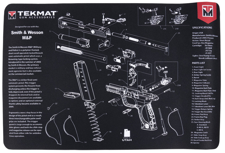 TekMat S&W M&P Printed Cleaning and Maintenance Mat 11"x17" Black/Gray