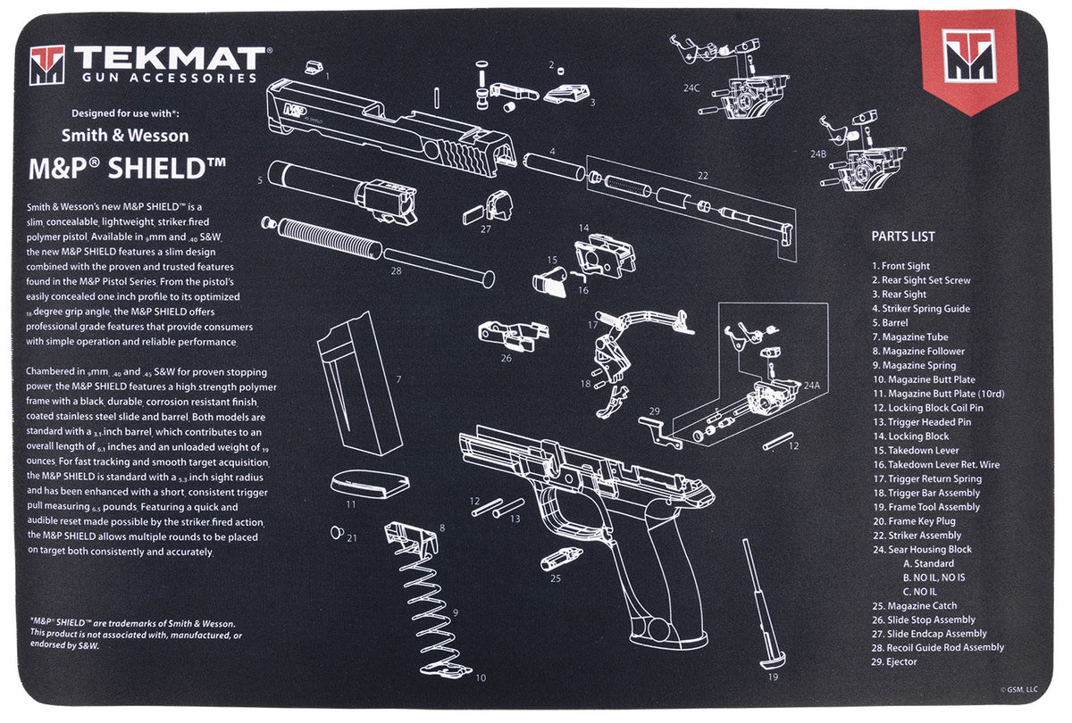 TekMat S&W M&P Shield Printed Cleaning Mat Black/Gray Rubber 11"x17"
