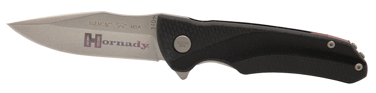 Hornady 99143 Logo Engraved Folding Knife Satin 420HC SS Drop Point Blade Black GFN Handle Pocket Clip