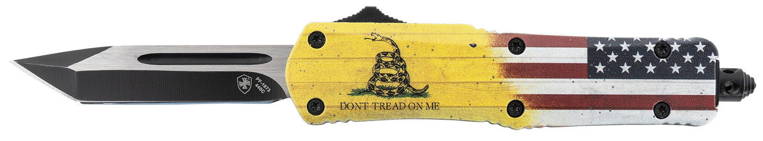 Templar S-DTOM-23-1 Gen II Don't Tread On Me 2.69-Inch OTF 440C SS Blade, Yellow Don't Tread On Me Aluminum Handle, Glass Breaker