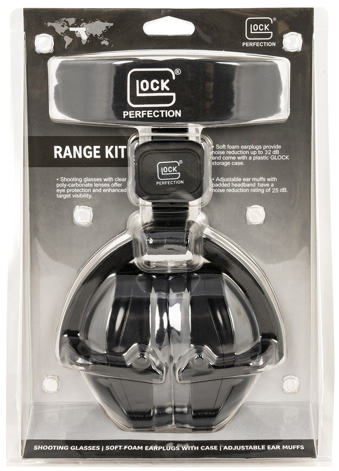 Glock AP60220 Shooting Range Protection Kit Earmuffs 25 dB Ear Plugs Safety Glasses and Case