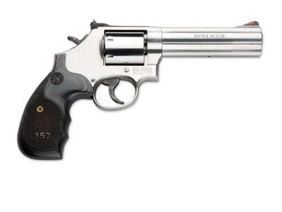 Smith & Wesson 150854 Model 686 Plus 38 S&W Spl +P, 357 Mag 7rd 5" Stainless Steel Barrel & Cylinder Satin Stainless Steel Frame with Black & Silver Custom Wood Grip & Red Ramp Front Sight