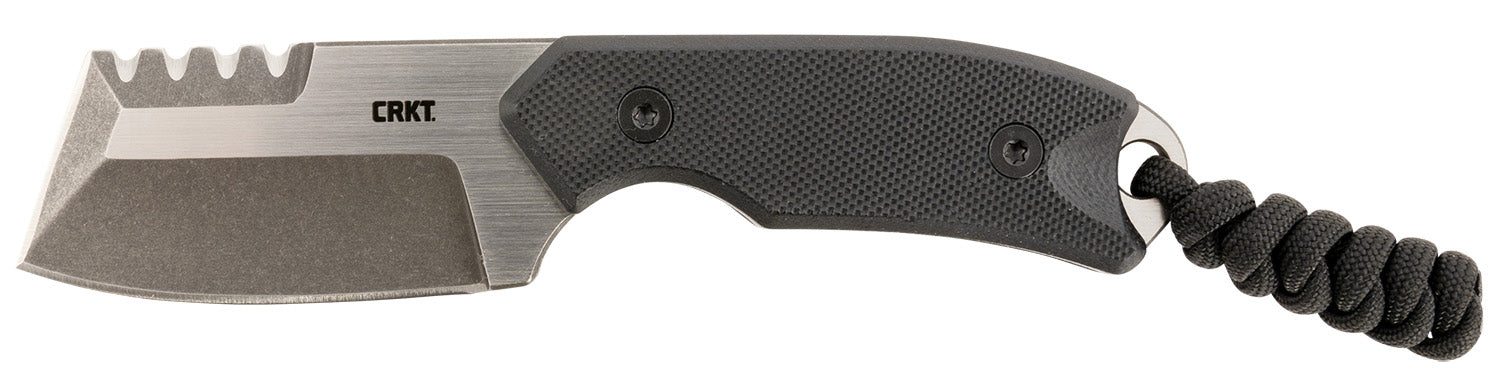 CRKT 4036 Razel Compact 2.32" D2 Steel Fixed Blade Veff Flat Top Serrations Black G10 Handle Pocket Sheath and Cord Fob