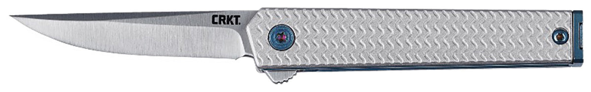 CRKT 7081 CEO Micro Flipper 2.36" Plain Drop Point 12C27 Blade, Silver Textured Aluminum Handle with Blue Accents
