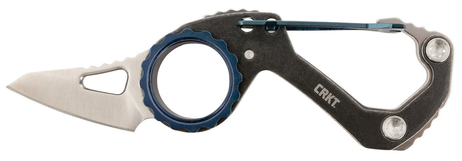 CRKT 9083 Compano 1.44" Sheepsfoot Folder, Satin 8Cr13MoV SS Blade, Stonewashed Stainless Handle, Blue Accents, Carabiner Clip