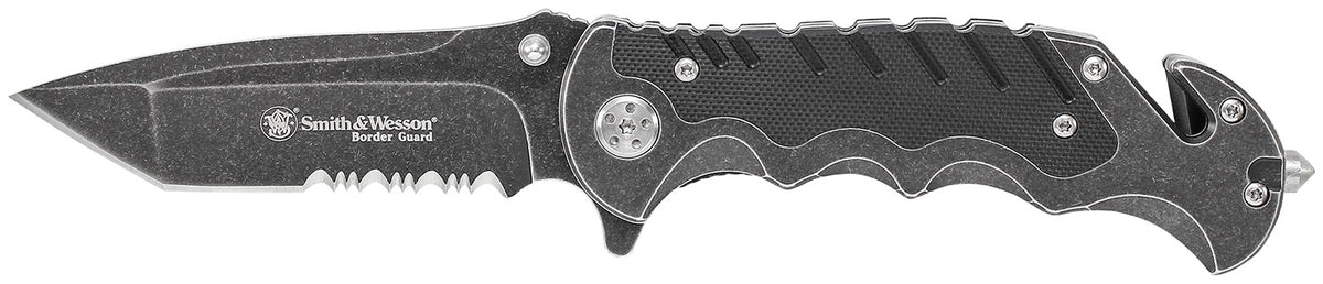 Smith & Wesson Knives SWBG10SCP Border Guard Folding Part Serrated Stonewashed SS Blade G10 Handle Strap Cutter Pocket Clip