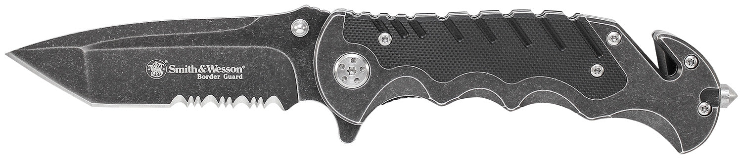 Smith & Wesson Knives SWBG10SCP Border Guard Folding Part Serrated Stonewashed SS Blade G10 Handle Strap Cutter Pocket Clip