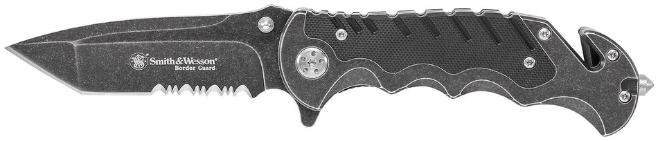 Smith & Wesson Knives SWBG10SCP Border Guard Folding Part Serrated Stonewashed SS Blade G10 Handle Strap Cutter Pocket Clip