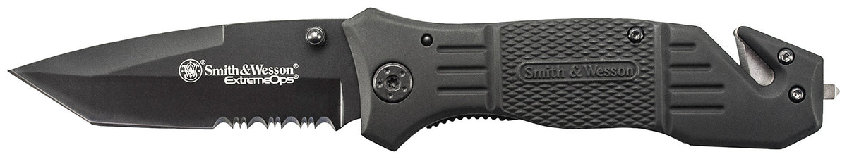 Smith & Wesson Knives SWFR2SCP Extreme Ops Folding Tanto Part Serrated Stainless Steel Blade Glass Breaker Pocket Clip