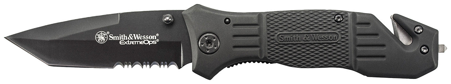 Smith & Wesson Knives SWFR2SCP Extreme Ops Folding Tanto Part Serrated Stainless Steel Blade Glass Breaker Pocket Clip