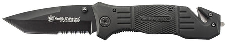 Smith & Wesson Knives SWFR2SCP Extreme Ops Folding Tanto Part Serrated Stainless Steel Blade Glass Breaker Pocket Clip