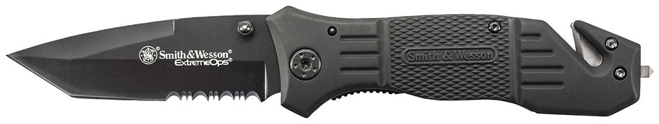 Smith & Wesson Knives SWFR2SCP Extreme Ops Folding Tanto Part Serrated Stainless Steel Blade Glass Breaker Pocket Clip