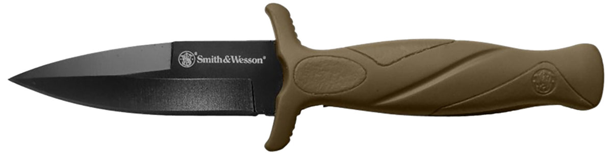 Smith & Wesson Knives 1100073 H.R.T. False Edge Fixed Plain Black Oxide SS Blade FDE Rubber Polymer Handle Includes Sheath
