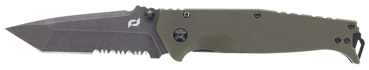 Schrade Melee Folding Tanto Knife 3.50" Partially Serrated Dark Stonewash D2 Steel 4.50" OD Green G10 Handle