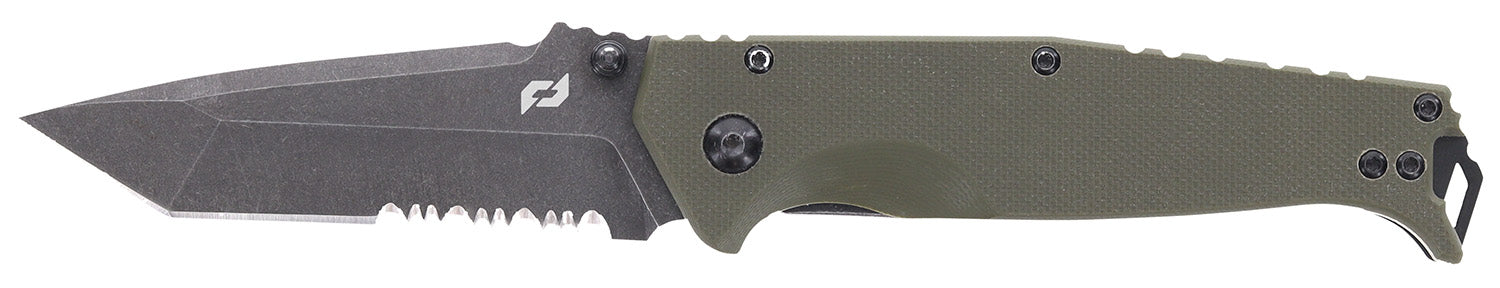 Schrade Melee Folding Tanto Knife 3.50" Partially Serrated Dark Stonewash D2 Steel 4.50" OD Green G10 Handle