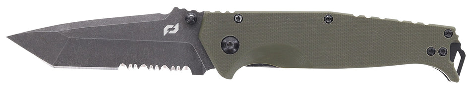 Schrade Melee Folding Tanto Knife 3.50" Partially Serrated Dark Stonewash D2 Steel 4.50" OD Green G10 Handle