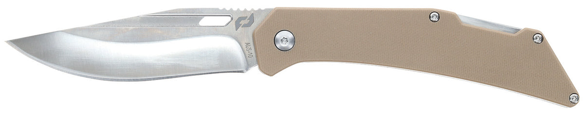 Schrade Slingshot Lockback Folder 4" Recurve Clip Point Satin AUS-10 Steel Blade G10 Handle