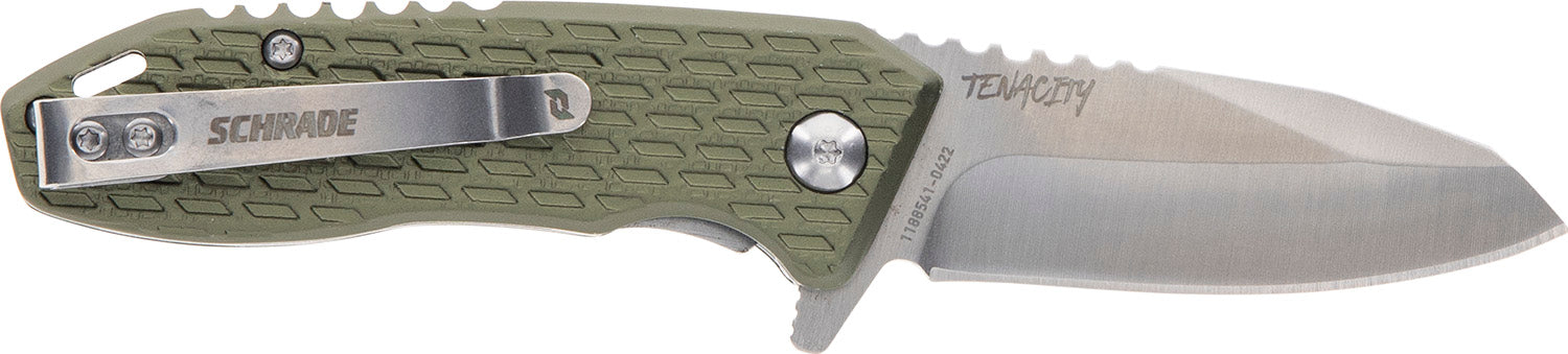 Schrade Tenacity Modified Drop Point Part Serrated Satin AUS-10A SS Blade Green Aluminum Handle Folding Knife