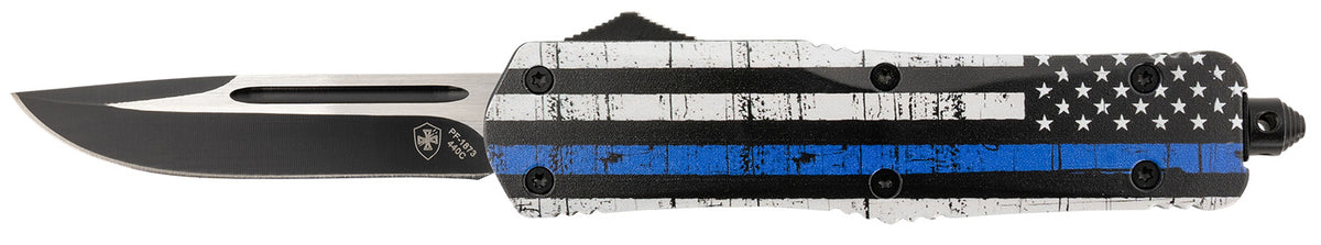 Templar LBTB331 Gen II Back The Blue OTF Drop Point 440C SS Blade, 5.25" Blue Line Aluminum Handle with Glass Breaker