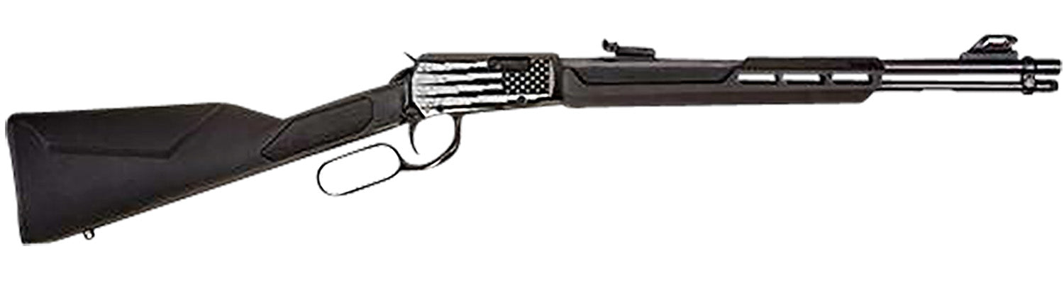 Rossi RL22W201SYEN18 Rio Bravo Full Size, Lever Action 22 WMR 12+1, 20" Polished Black Steel Barrel, Polished Black w/Lighting US Flag Engraving Steel Receiver, Black Fixed Stock, Right Hand