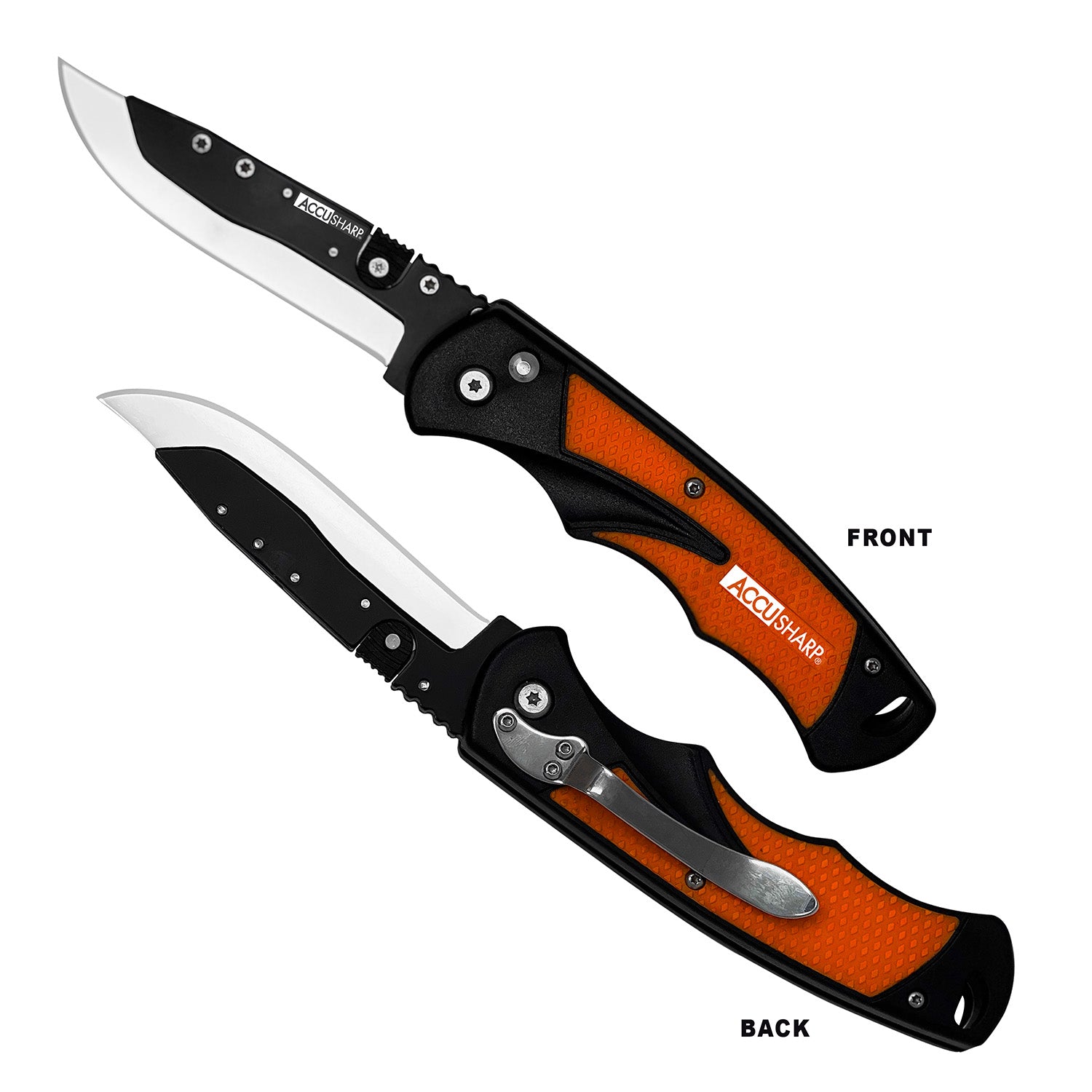 AccuSharp 741C Folding Replaceable Blade Knife 3.50" Plain Stainless - Blaze Orange Anti-Slip Handle, 2 Blades & Belt Clip