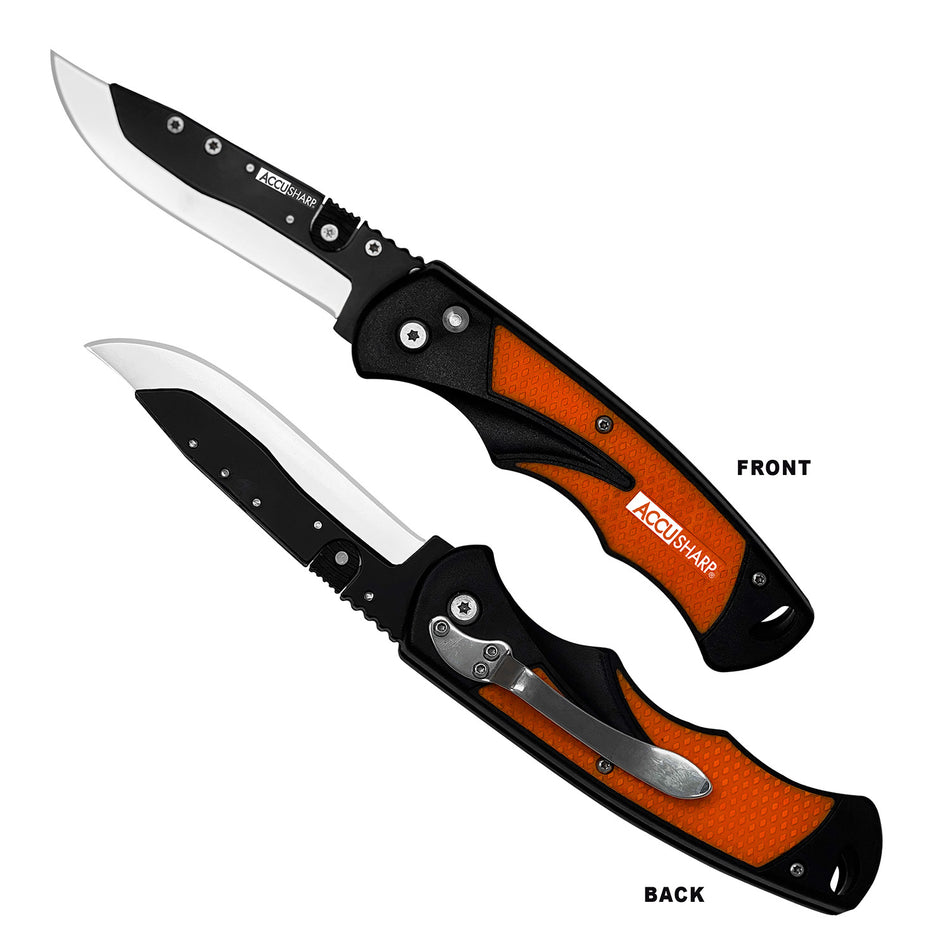AccuSharp 741C Folding Replaceable Blade Knife 3.50" Plain Stainless - Blaze Orange Anti-Slip Handle, 2 Blades & Belt Clip