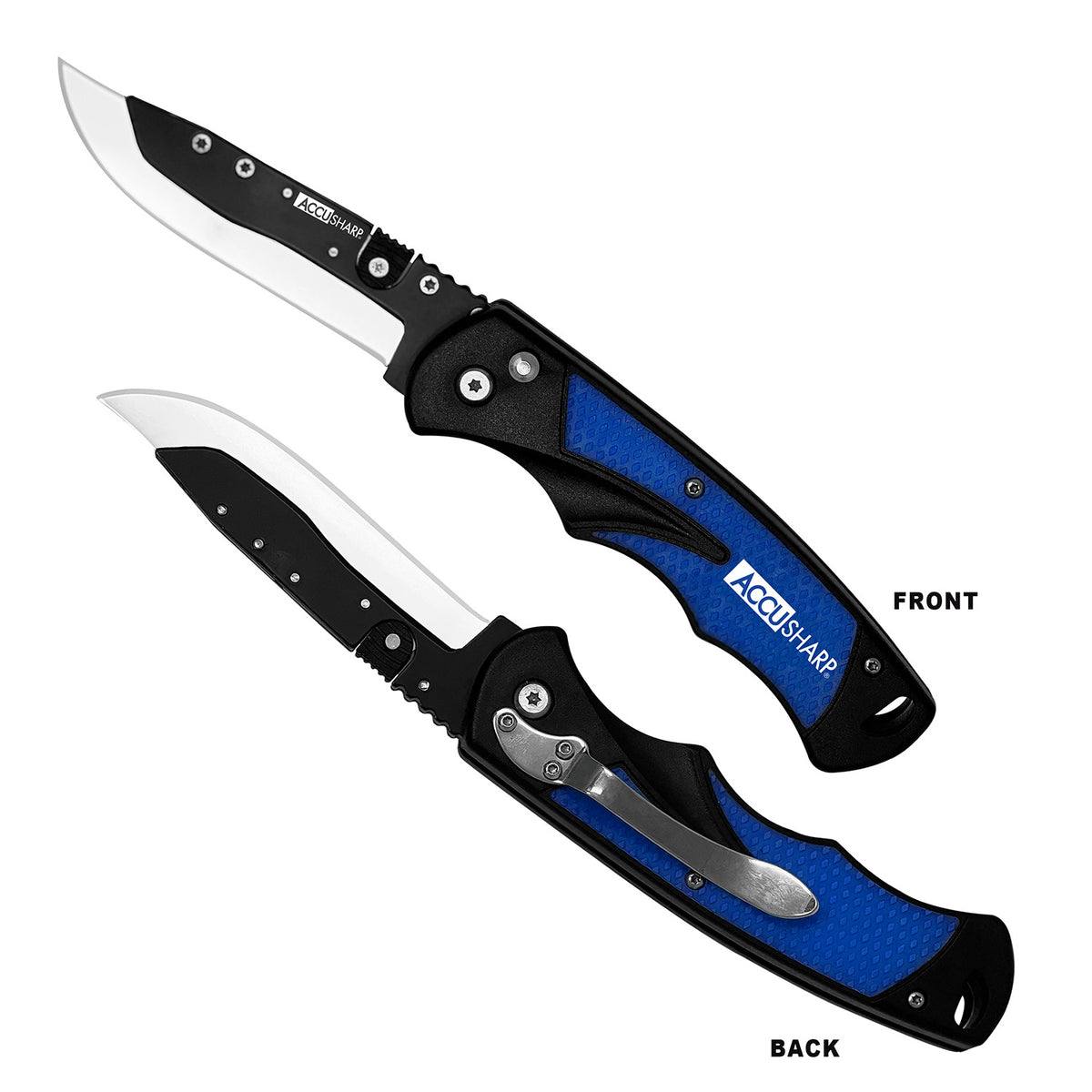 AccuSharp 743C Folding Replaceable Blade Knife 3.50" Plain Stainless - Royal Blue Anti-Slip Handle, 2 Blades & Belt Clip