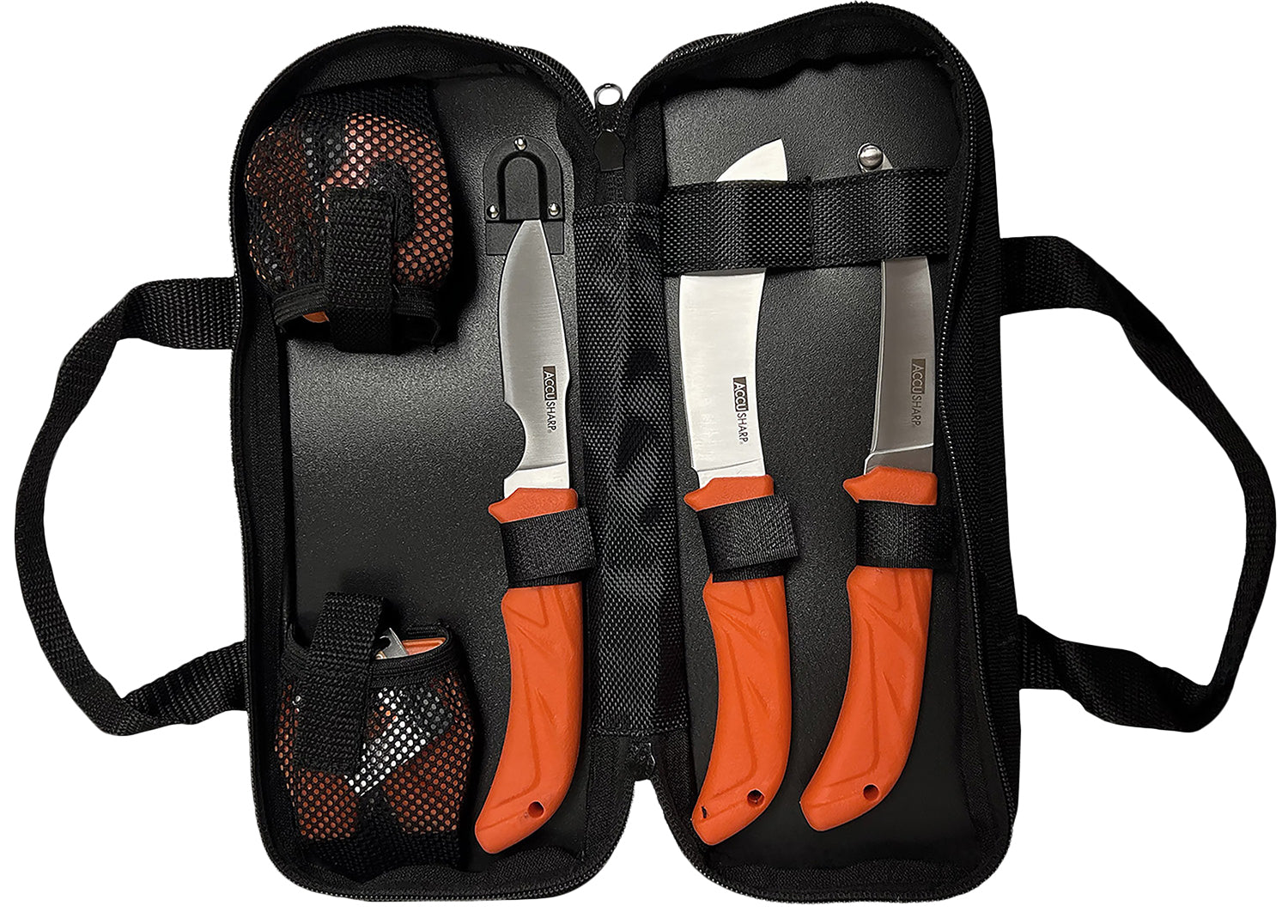 AccuSharp 738C Hunting Game Processing Kit 6-Piece Blaze Orange Stainless Knives with LED Lamp & Nylon Carry Case