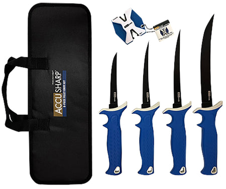 AccuSharp 737C 6-Piece Fillet Knife Kit with 4 Titanium-Coated Stainless Blades, Blue TPR Grips, 2-Step Sharpener & Nylon Case
