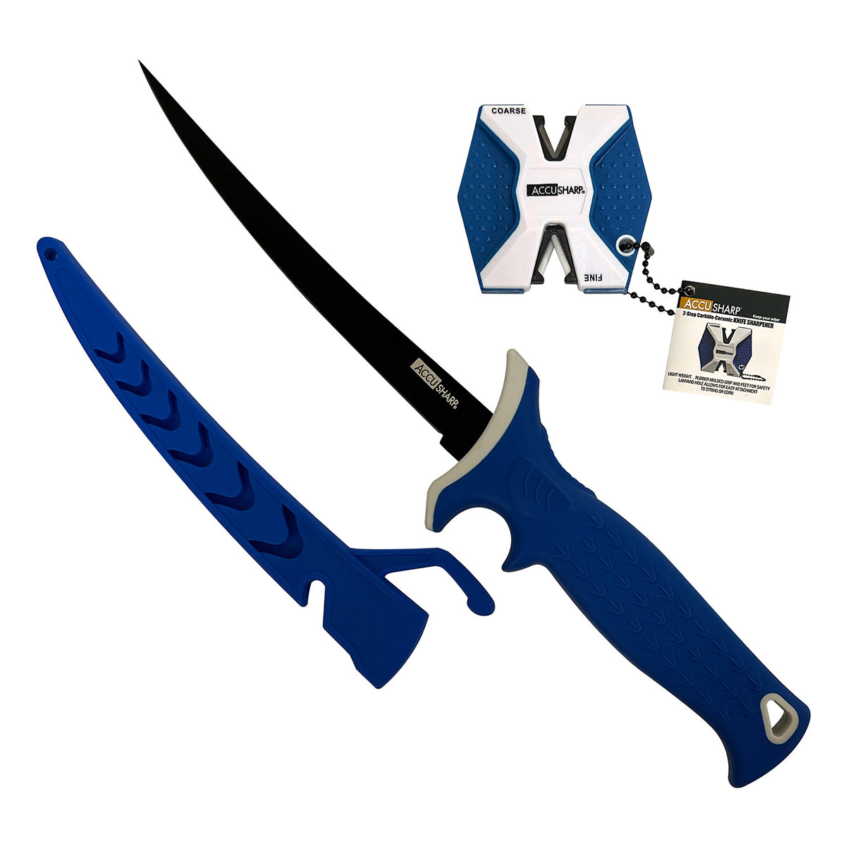 AccuSharp 736C 6.50" Fixed Blade Fillet Knife Satin Titanium-Coated Stainless - Royal Blue Non-Slip Handle & 2-Step Sharpener