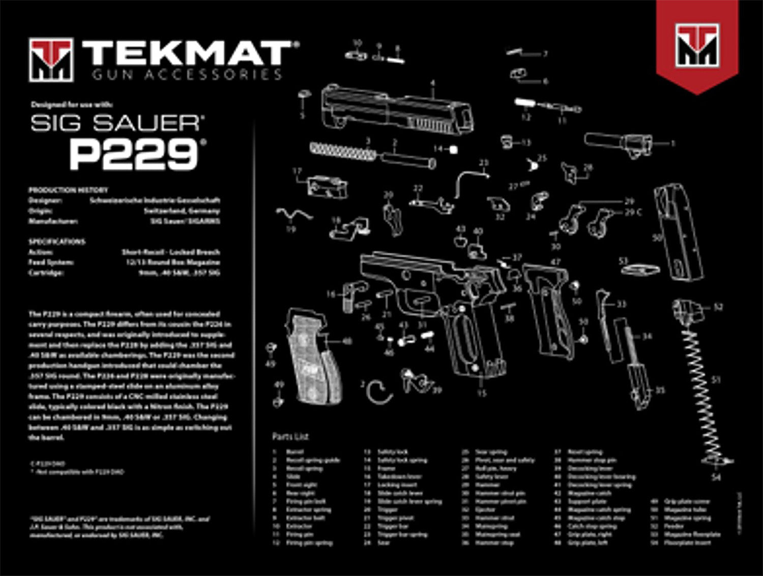 TekMat Sig Sauer P229 Printed Cleaning Mat Multi-Color Rubber 15"x20"