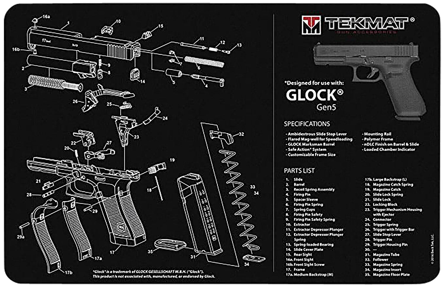 TekMat Glock Gen 5 Printed Cleaning Mat Multi-Color Rubber 15"x20"