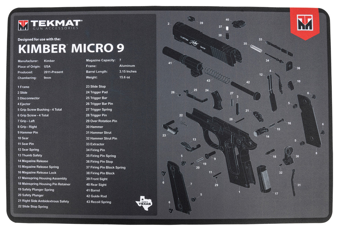 TekMat Kimber Micro 9 Printed Cleaning Mat Black/Gray Rubber 11"x17"
