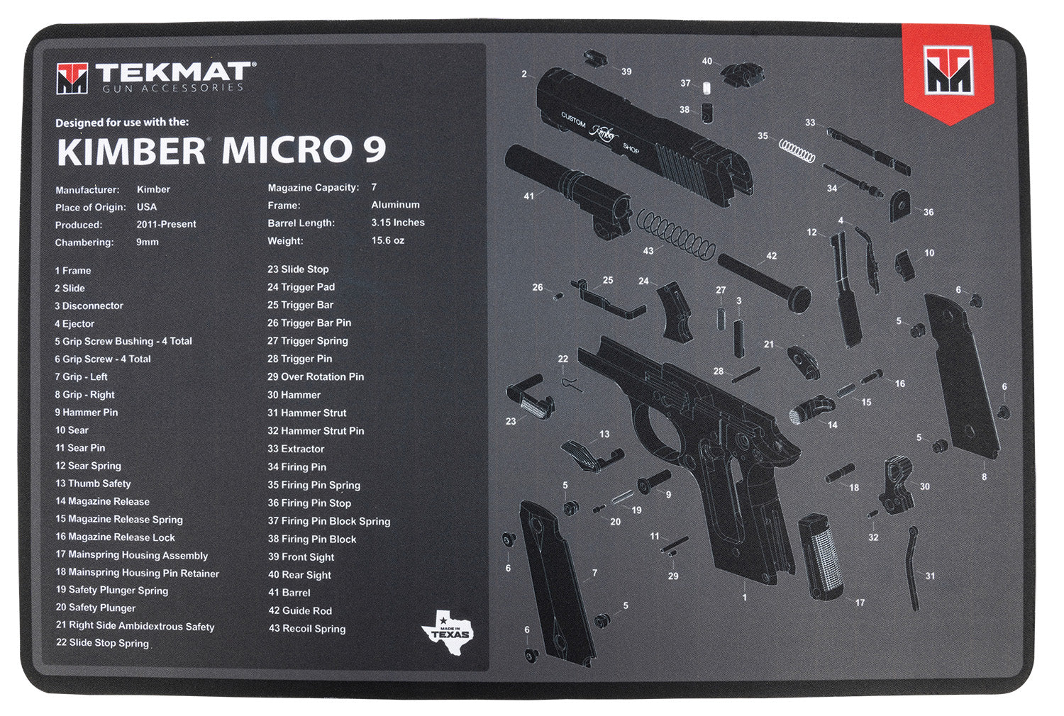 TekMat Kimber Micro 9 Printed Cleaning Mat Black/Gray Rubber 11"x17"
