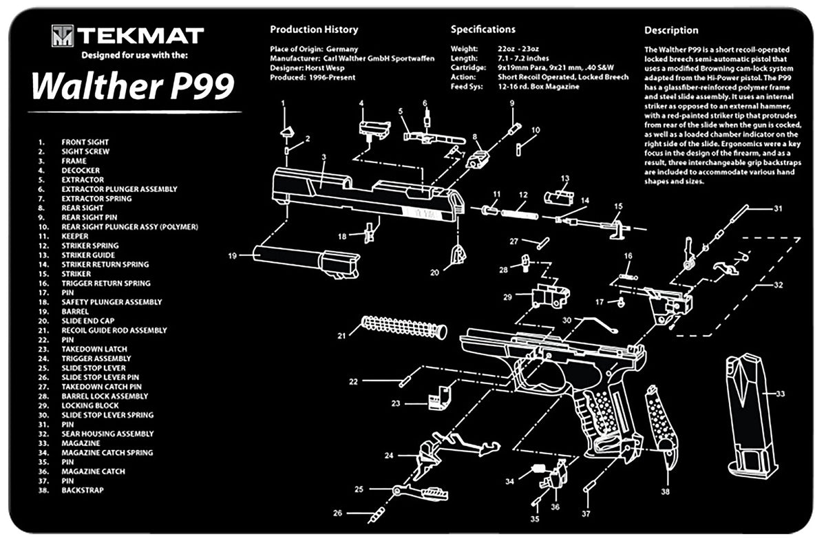 TekMat Walther P99 Printed Cleaning Mat Black/White Rubber 11"x17"