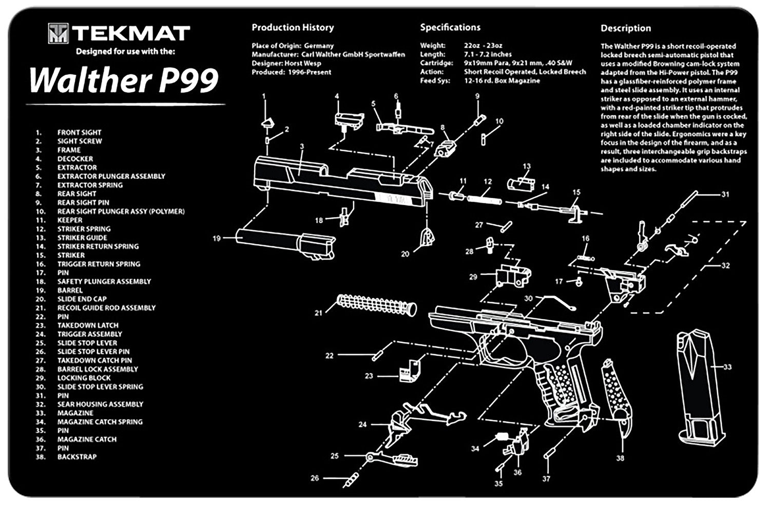 TekMat Walther P99 Printed Cleaning Mat Black/White Rubber 11"x17"