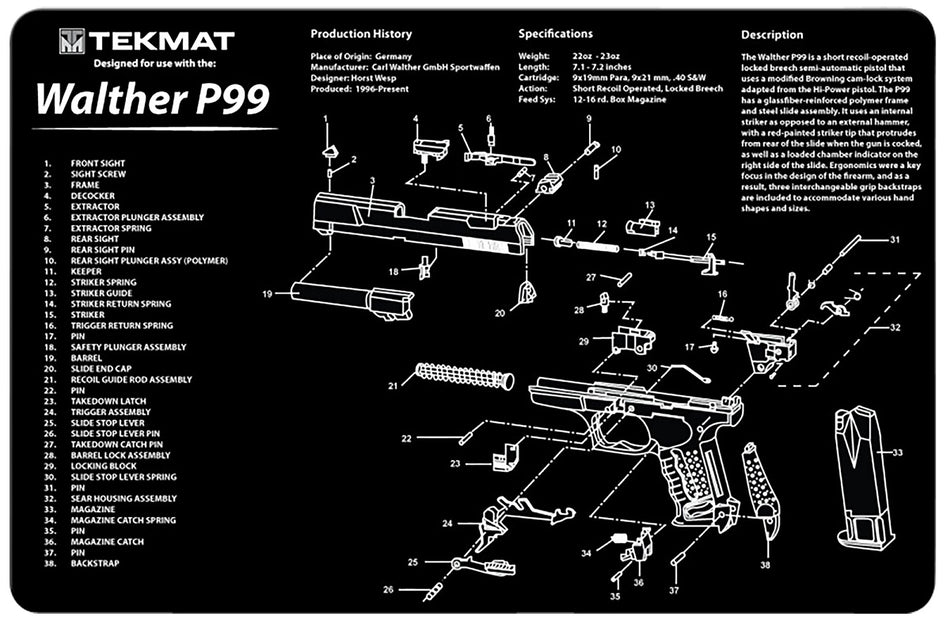TekMat Walther P99 Printed Cleaning Mat Black/White Rubber 11"x17"