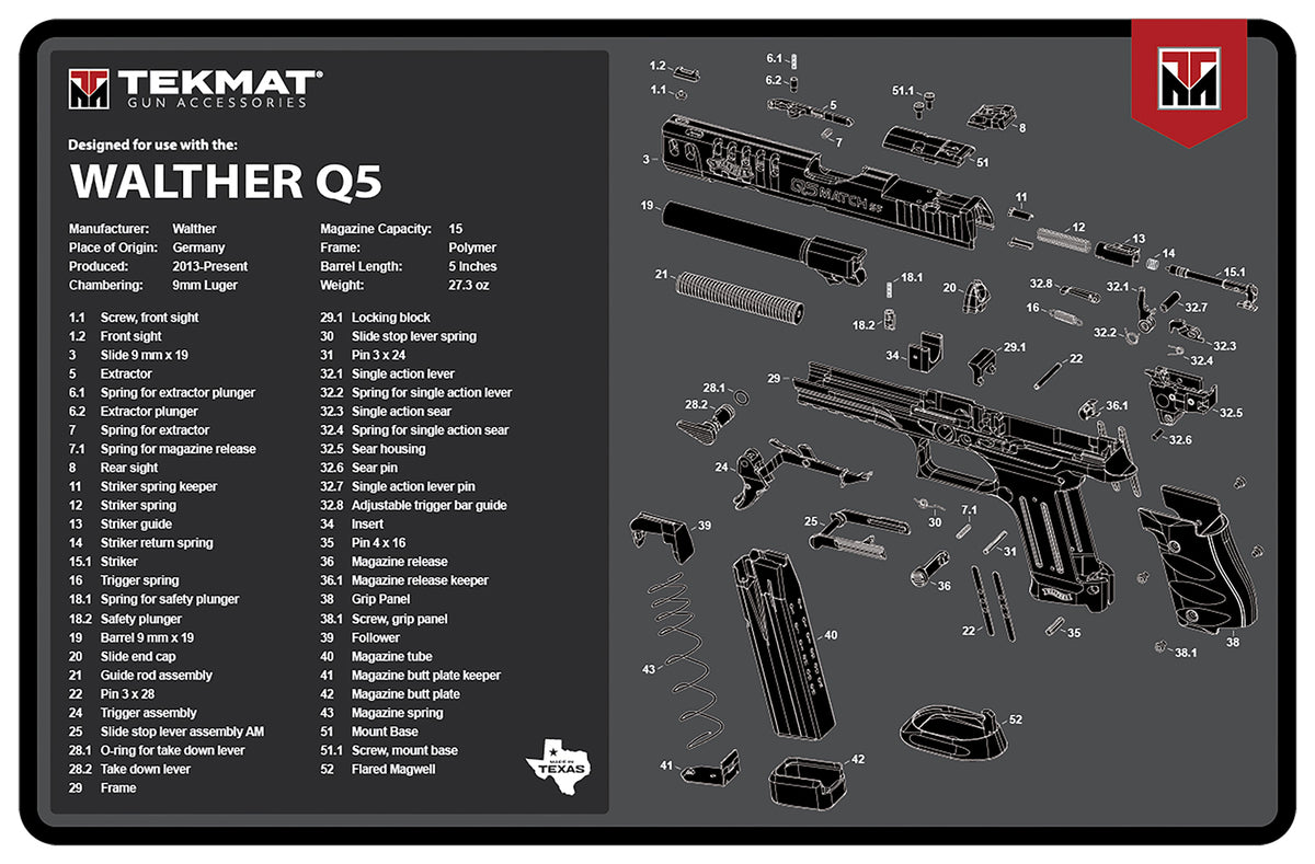 TekMat Walther Q5 SF Printed Cleaning Mat Black/Gray Rubber 11"x17"