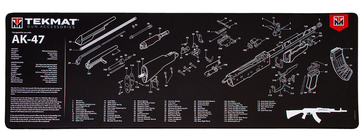 TekMat AK-47 Printed Cleaning Mat Black/White Rubber 12"x36"