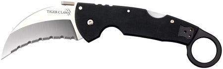 Cold Steel CS22KFS Tiger Claw Folding Knife 3.5" Serrated Hawkbill Stonewashed S35VN Blade G10 Handle w/ Ring